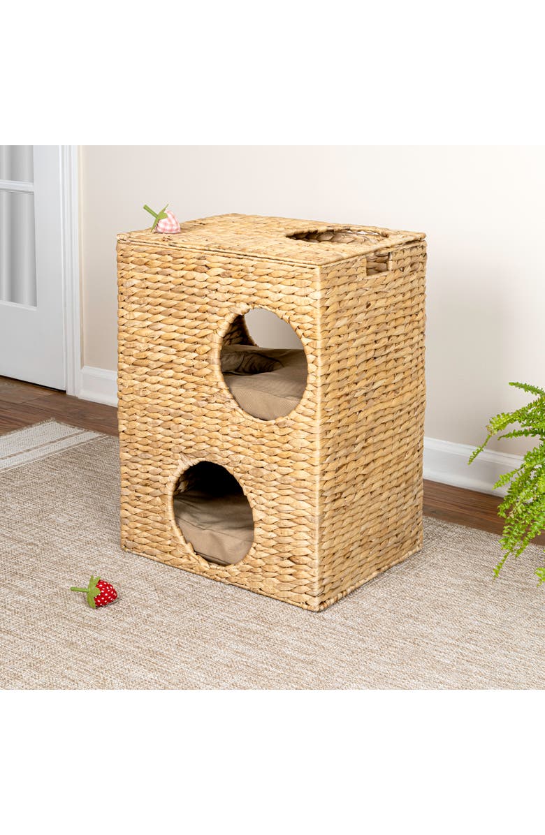 The Licker Store Jaxon 18" 2-Tier Handwoven Hyacinth Rectangular 5-Hole Cat Condo, 2 Machine-Washable Cushions, Alternate, color, Natural