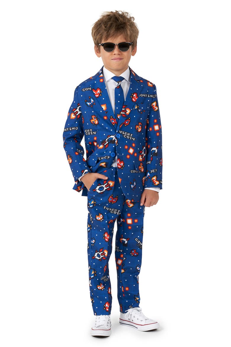 Retro Gamer Two-Piece Suit with Tie, Main, color, BLUE