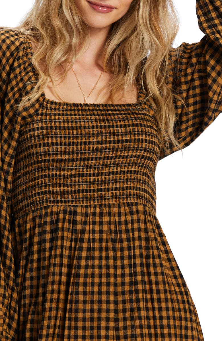 Billabong Paradise Days Long Sleeve Smocked Minidress, Alternate, color, Cosmic Khaki