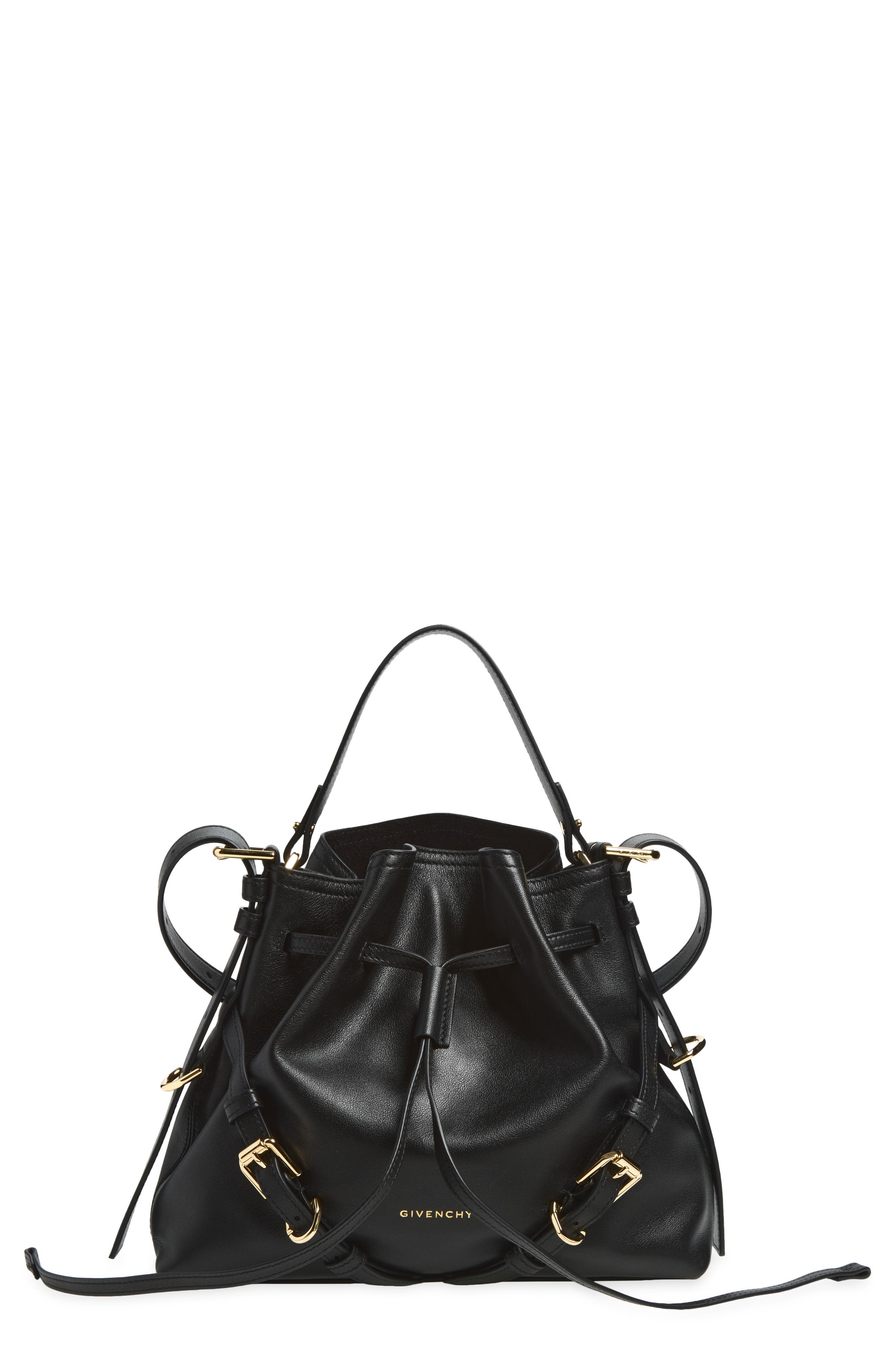 Small Voyou Leather Bucket Bag, Main, color, BLACK