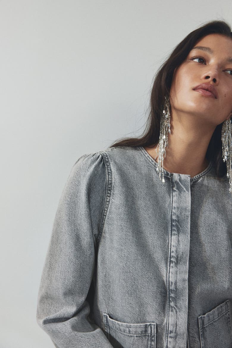 Puff-sleeved Denim Jacket, Alternate, color, Washed gray