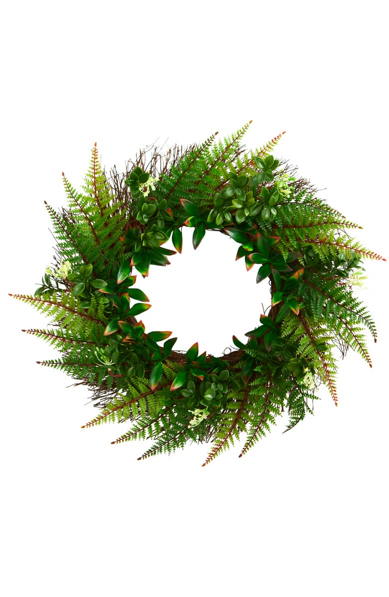 NEARLY NATURAL 23-in Assorted Fern Wreath UV Resistant, Main, color, Green