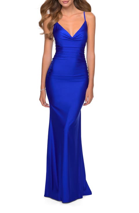 Long Jersey Dress with Draped V-Neckline and Ruching