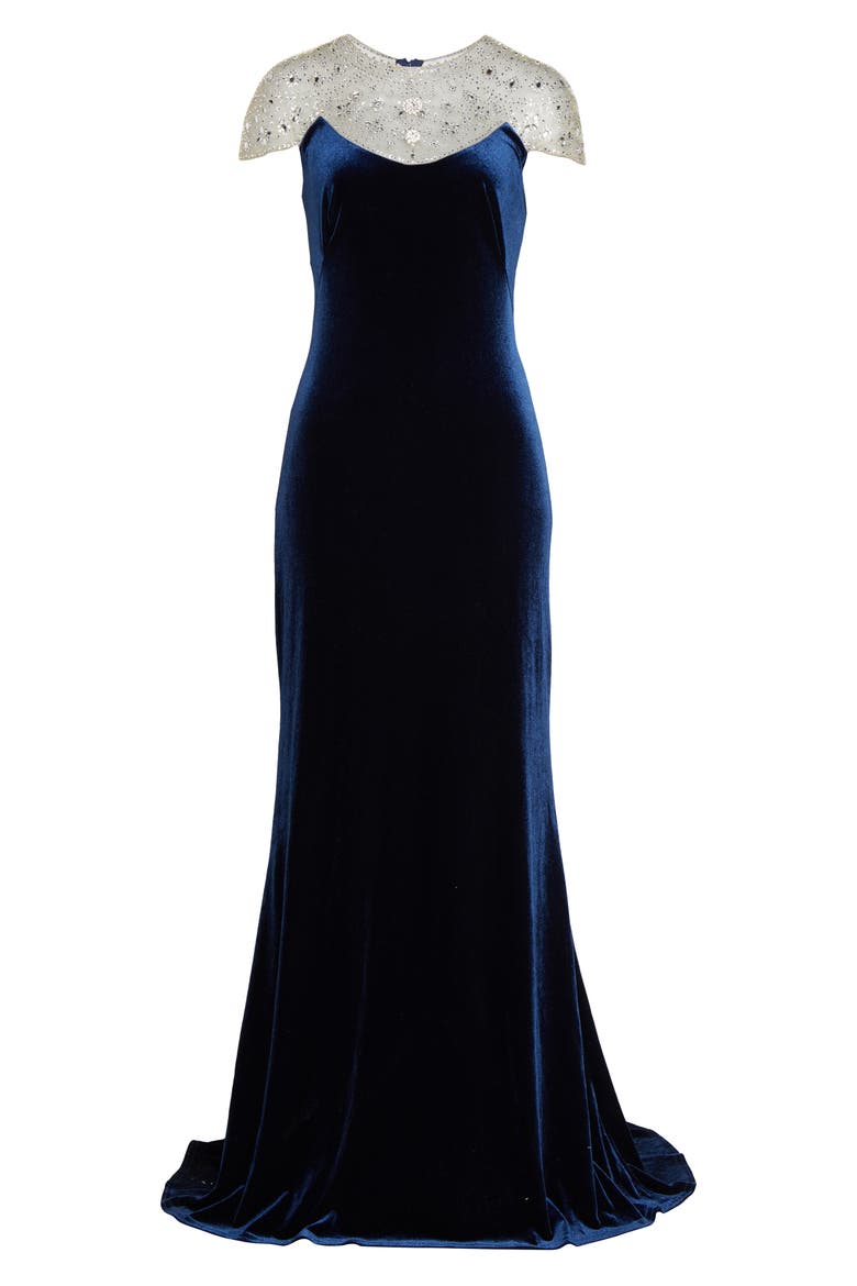 Embellished Velvet Gown, Alternate, color, NAVY