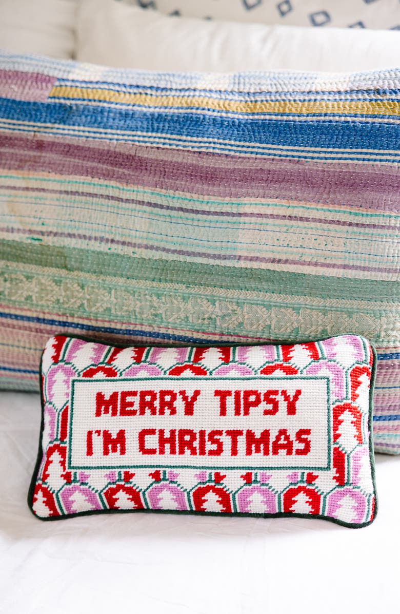 Furbish Merry Tipsy Needlepoint Pillow, Alternate, color, Green