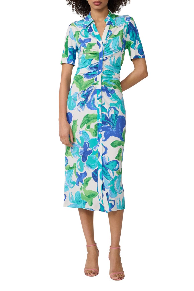 Zoey Floral Short Sleeve Ruched Midi Shirtdress, Main, color, COTE IBIZA BLUE