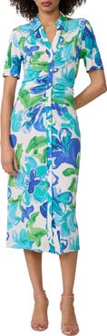 Diane von Furstenberg Zoey Floral Short Sleeve Ruched Midi Shirtdress