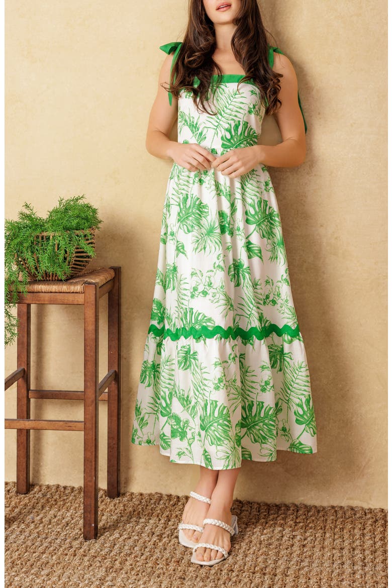 Shoulder Tie Midi Dress, Alternate, color, OFF WHITE / GREEN