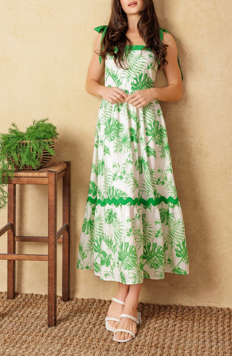 FLYING TOMATO Shoulder Tie Midi Dress, Alternate, color, Off White / Green