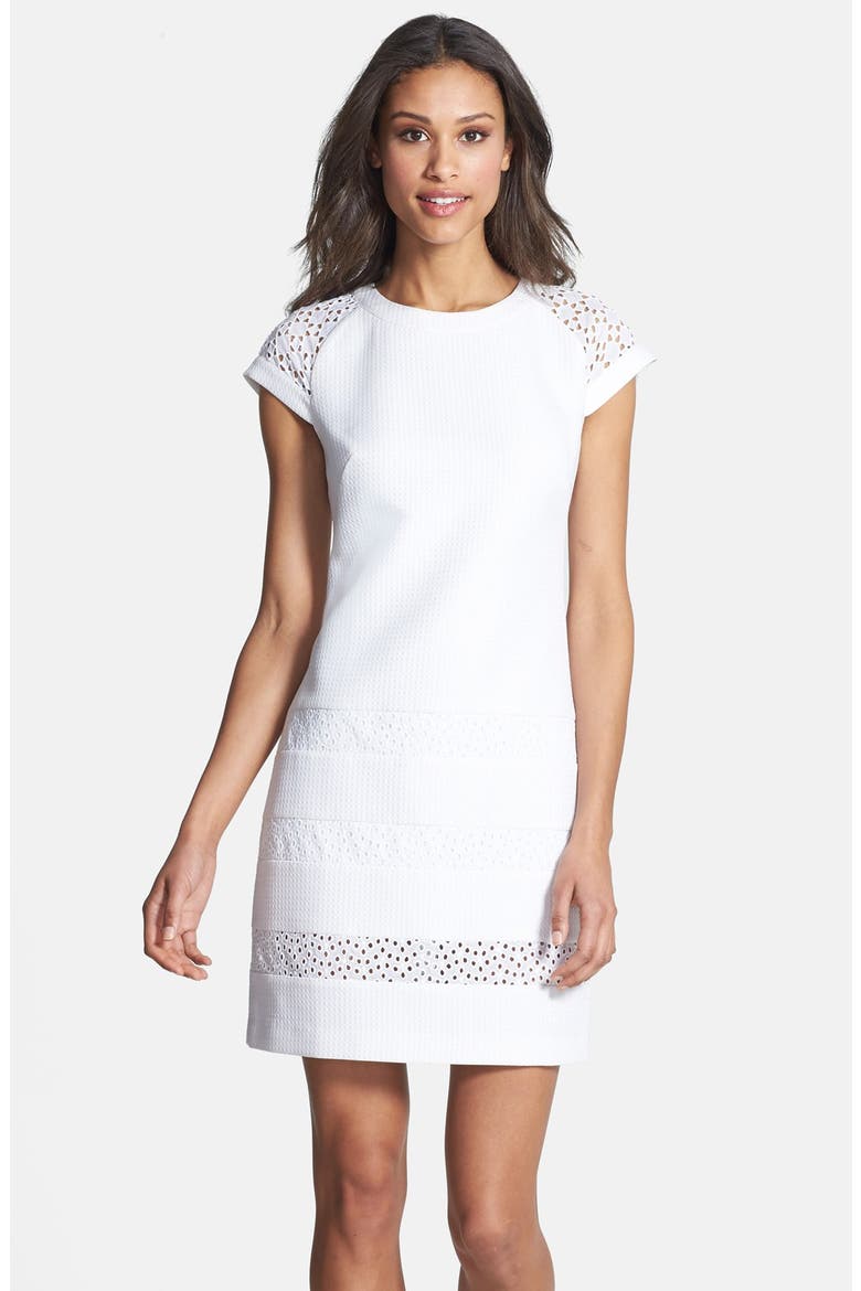 Ivy & Blu Mixed Media Textured Shift Dress, Main, color, WHITE