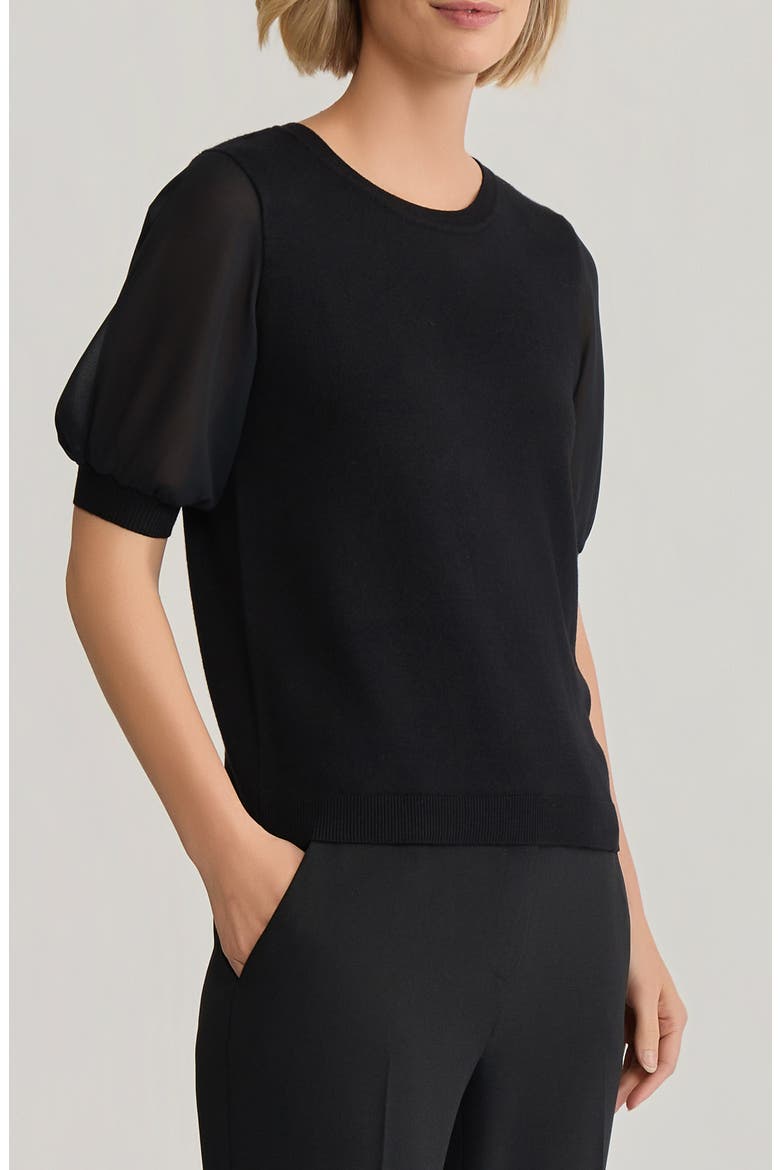 Ruffle Puff Sleeve Chiffon & Jersey Sweater, Alternate, color, BLACK