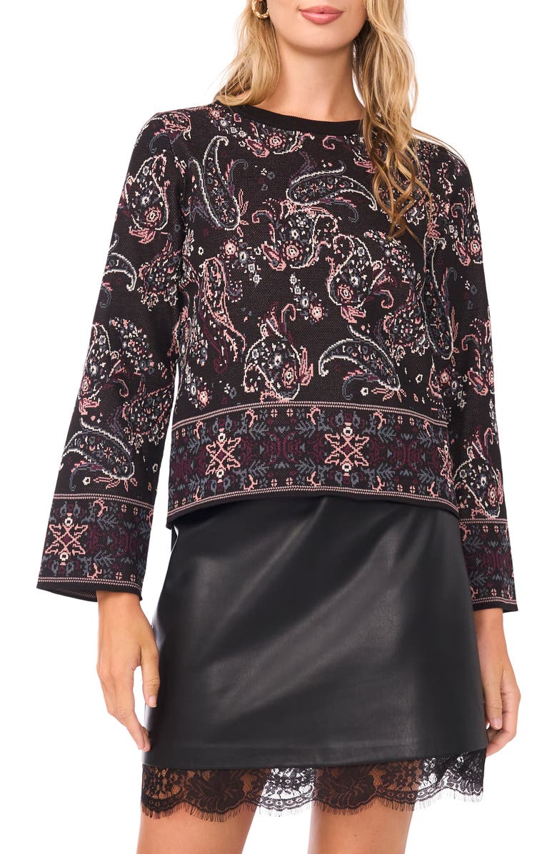 Vince Camuto Festival Paisley Jacquard Crewneck Sweater, Main, color, Rich Black