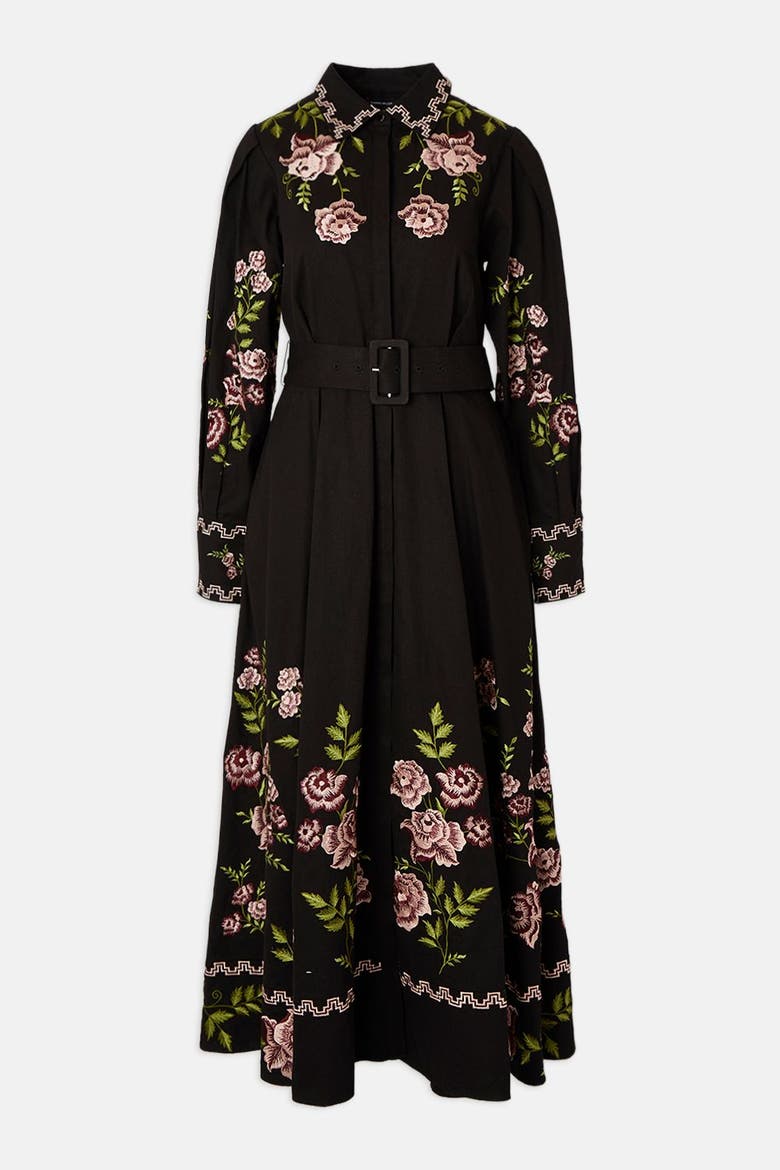 Rose Embroidered Cotton Shirt Dress, Alternate, color, Black