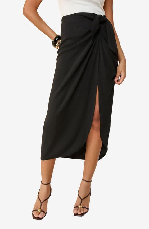 Sarong Tie Faux Wrap Midi Skirt
