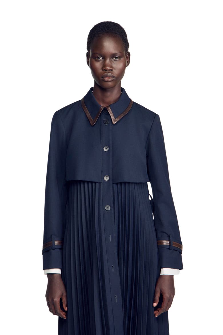 Trench with pleated leather collar, Alternate, color, Navy blue