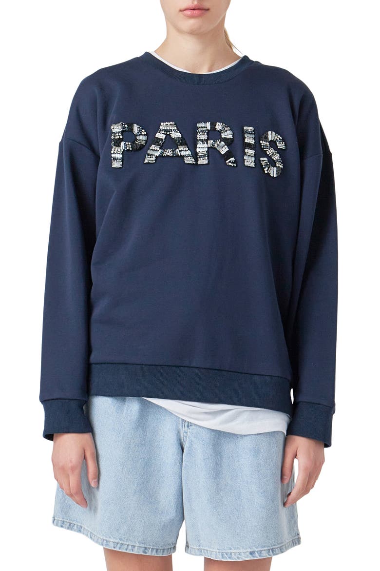 Paris Sequin Sweatshirt, Main, color, NAVY