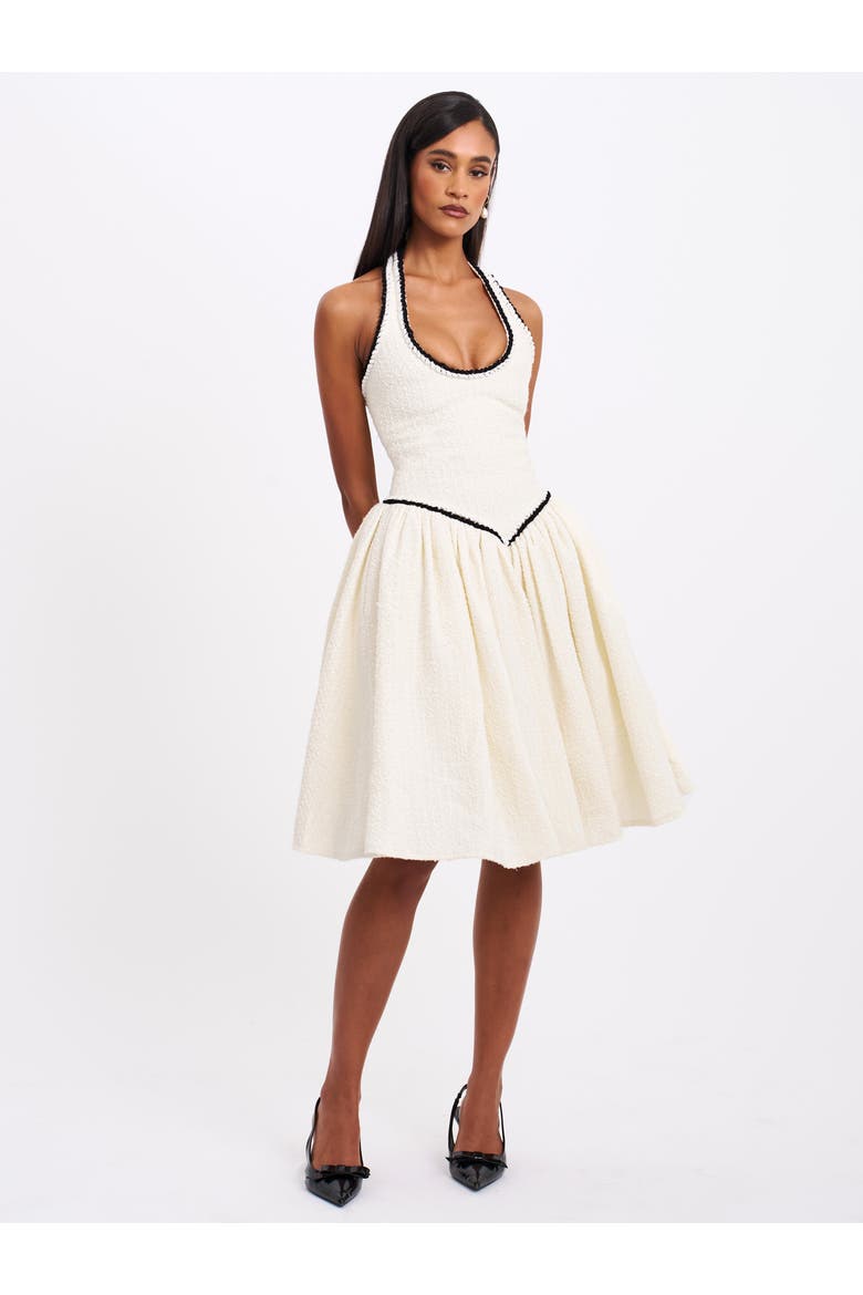 Natalie U Neck Halter Drop Waist Tweed Midi Dress, Alternate, color, off white