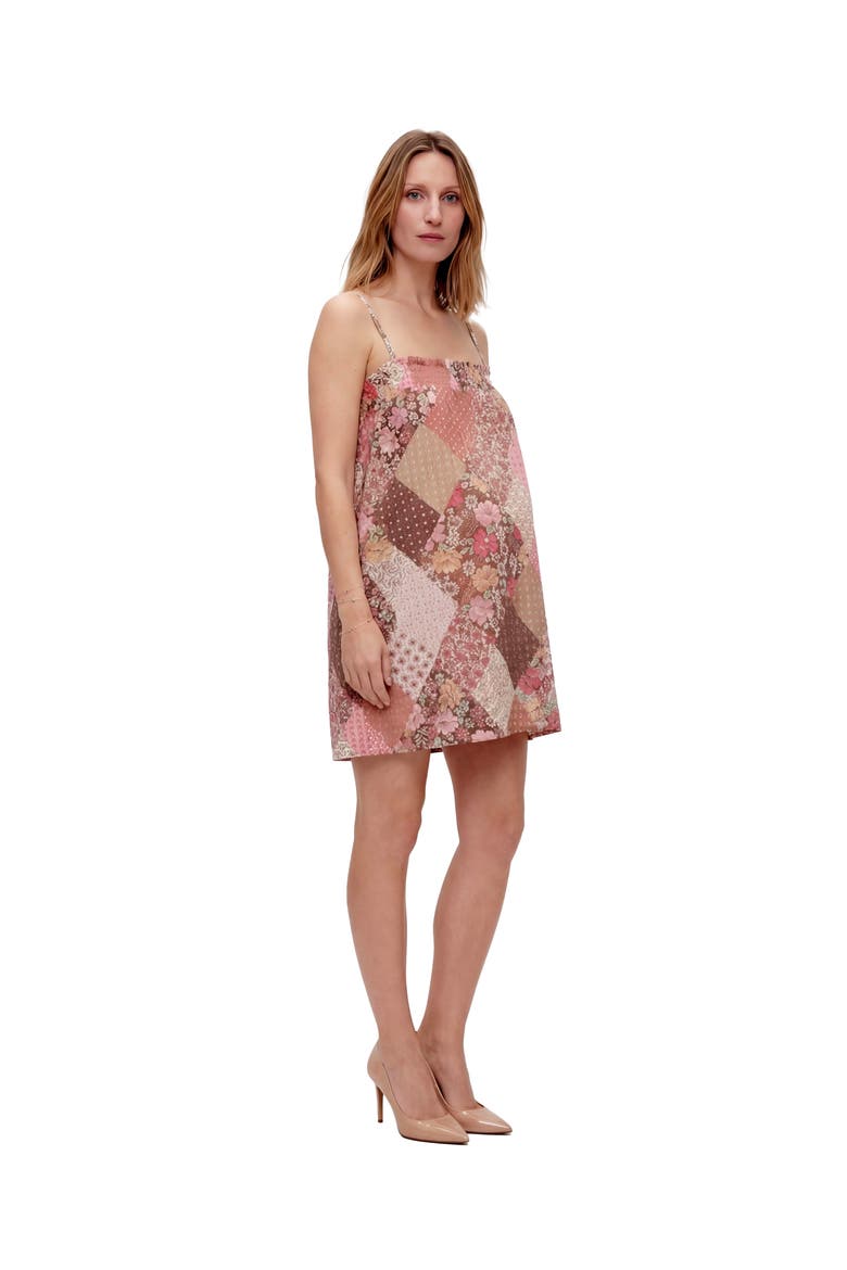 Maternity Essential Patchwork Print Spaghetti Strap Smocked A-Line Pocket Mini Dress, Alternate, color, Pink Multi