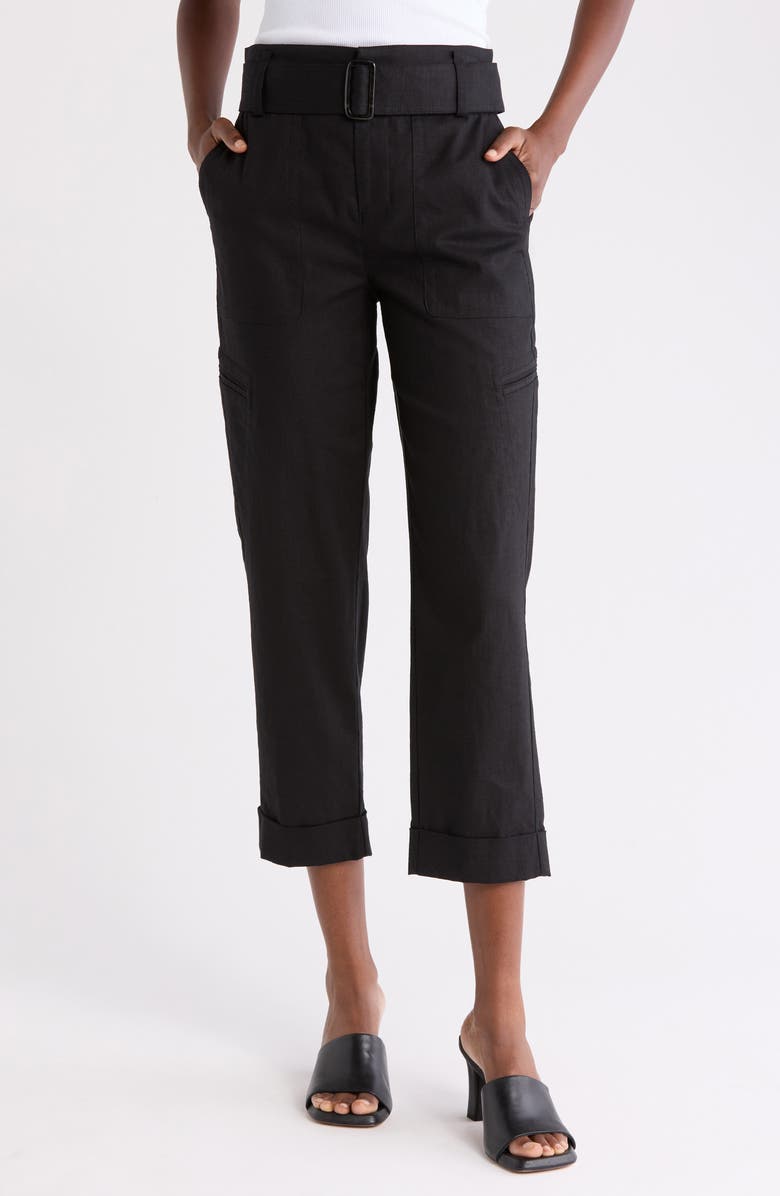 Vince Belted Linen Blend Pants, Main, color, Soft Black