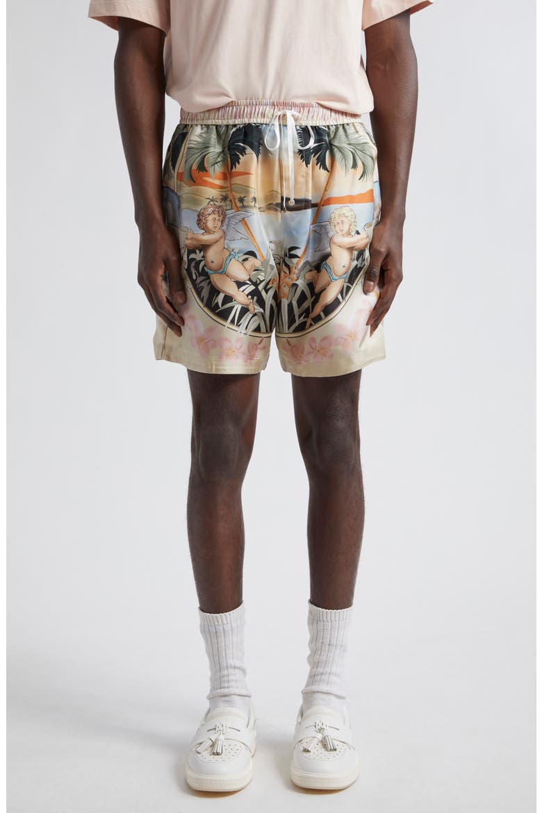 Cherub Print Silk Twill Shorts, Main, color, MULTI