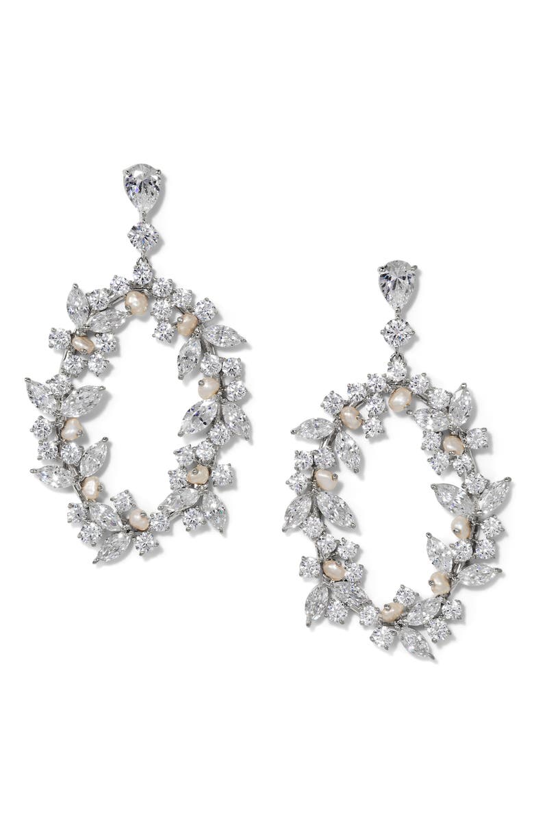 Nadri Ravish Laurel Cubic Zirconia & Cultured Pearl Drop Earrings, Main, color, Rhodium