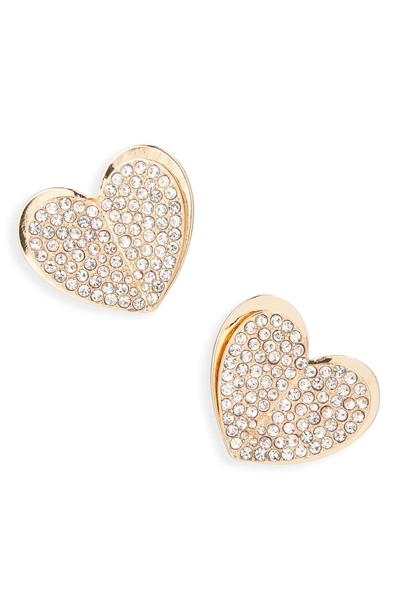 BaubleBar Statement Pavé Crystal Heart Stud Earrings, Main, color, Gold/ Clear