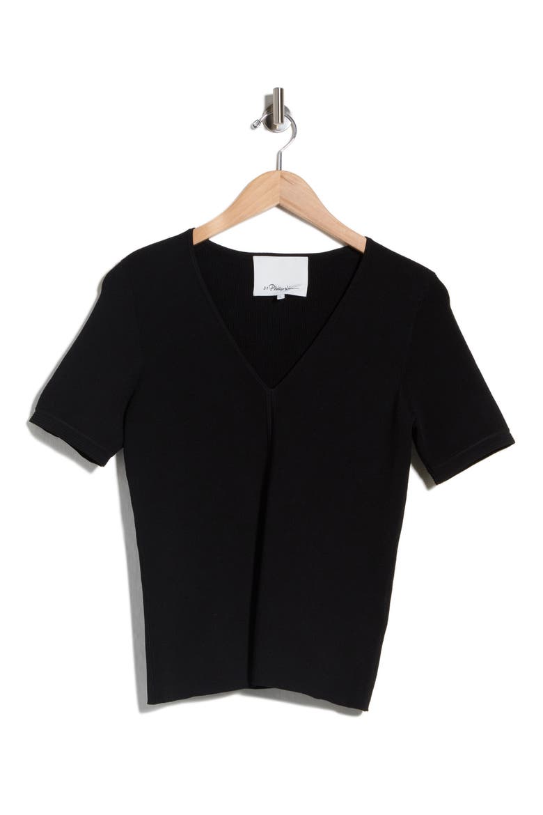 Compact Rib Short Sleeve V-Neck Top, Main, color, BLACK