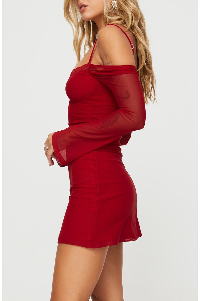 Edmone Lace Trim Cold Shoulder Long Sleeve Minidress, Alternate, color, RED