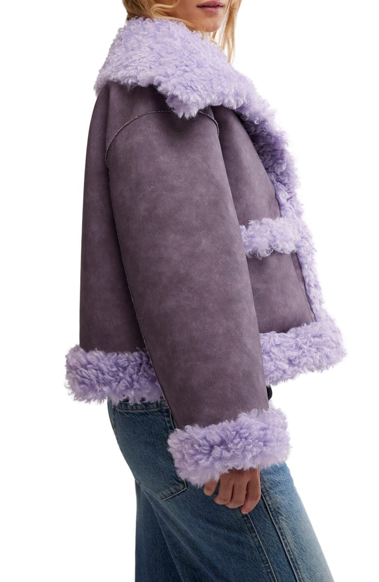 Free People Kiki Faux Leather Jacket with High Pile Fleece Trim, Alternate, color, Lilac Combo