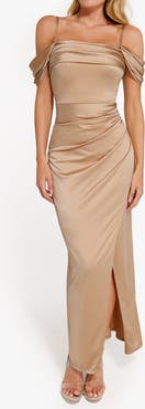 Popilush Liquid Metallic Fabric Off Shoulder Shine Ruched Sculpting Maxi Shapewear Dress