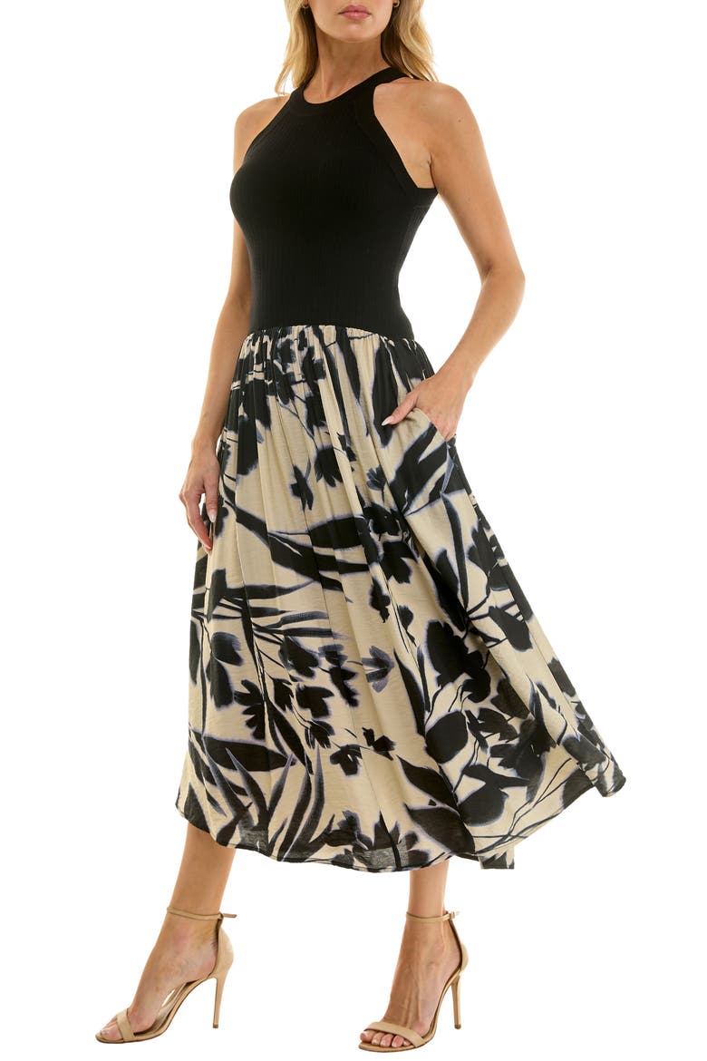 Floral Print Fit & Flare Tank Dress, Alternate, color, BLACK