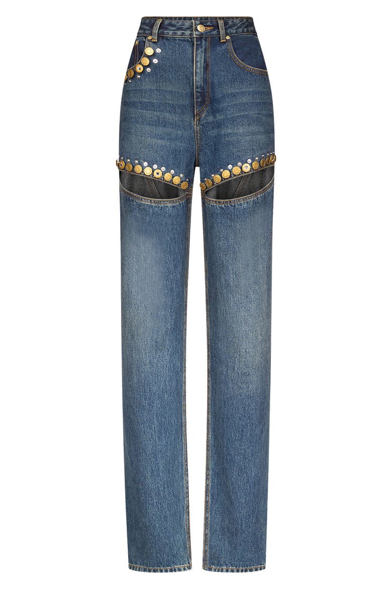 Crystal Button Studded Cutout Straight Leg Jeans, Alternate, color, DARK BLUE
