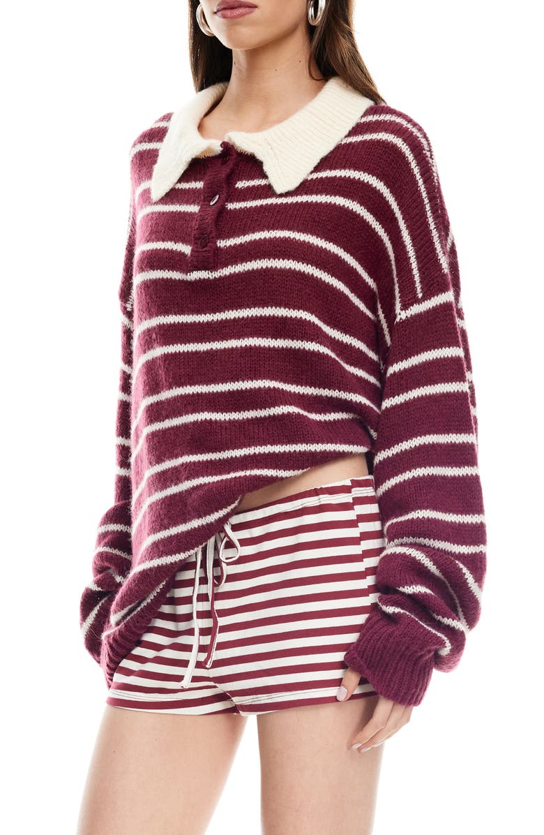 LIONESS Rising Sun Stripe Polo Sweater, Alternate, color, Crimson