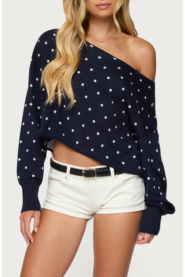 Oversize Off the Shoulder Polka Dot Sweater, Main, color, NAVY