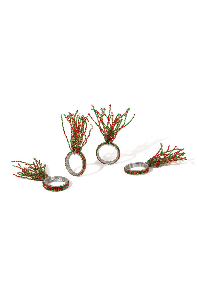 Holly Berry Fireworks Set of 4 Napkin Rings, Main, color, RED/ GREEN