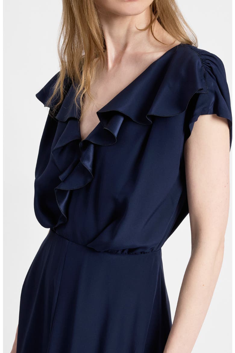 Mandy Ruffled Faux Wrap Silk Midi Dress, Alternate, color, MIDNIGHT