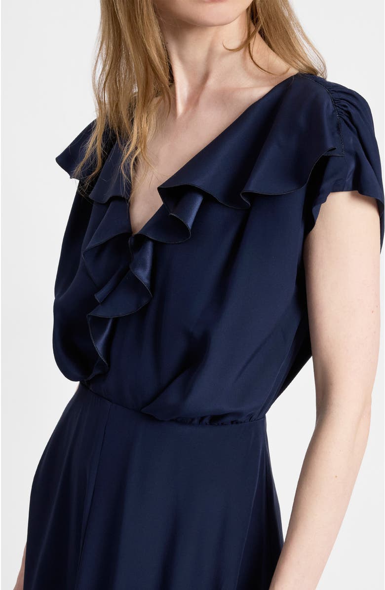Santorelli Mandy Ruffled Faux Wrap Silk Midi Dress, Alternate, color, Midnight