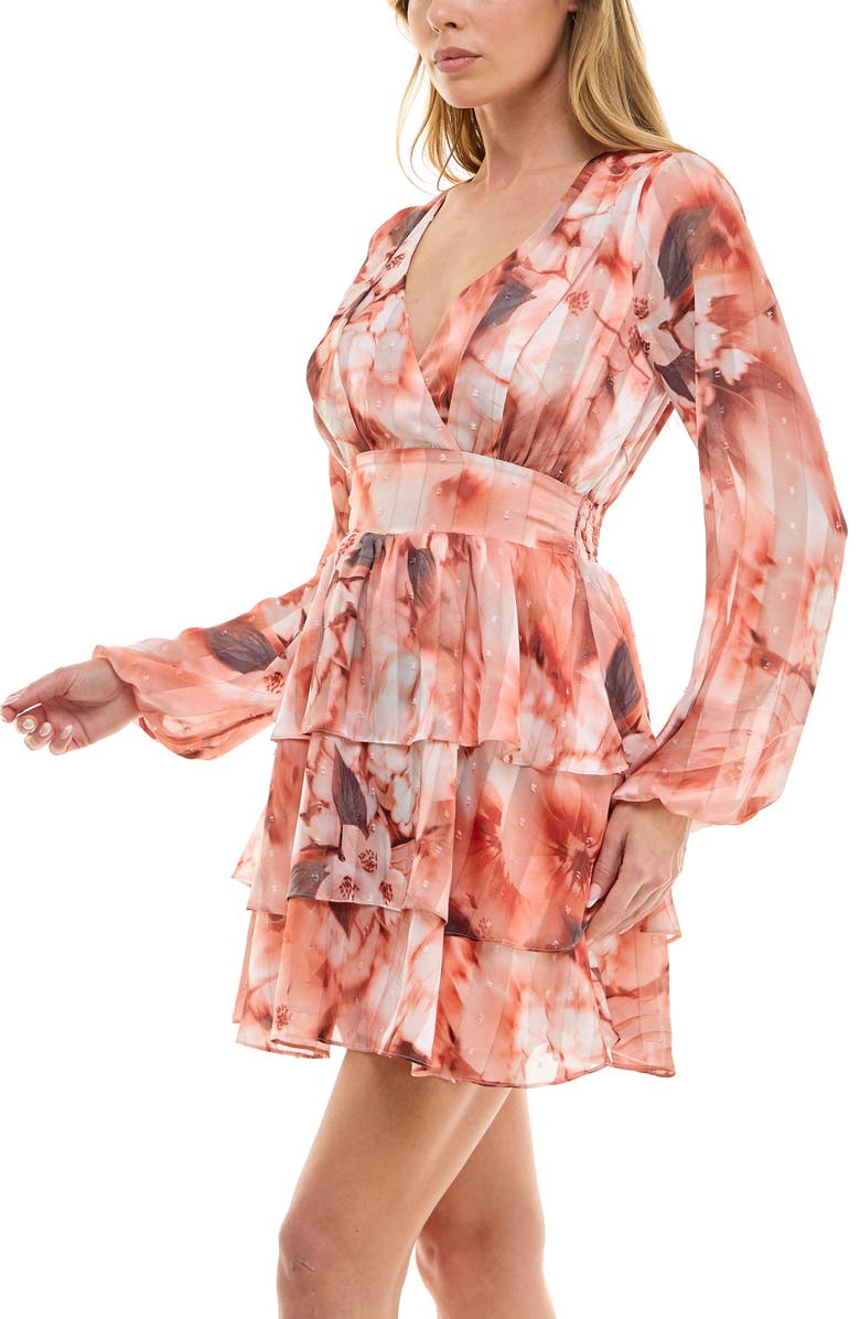 Socialite Long Sleeve Metallic Tiered Minidress, Alternate, color, Grey/ Peach