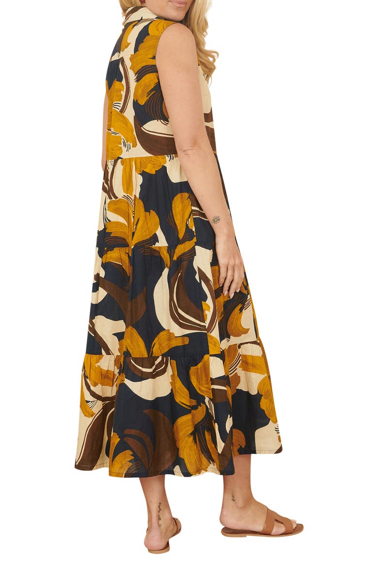 Yumi Cotton Leaf Midi Sleeveless Shirt Dress, Alternate, color, Navy