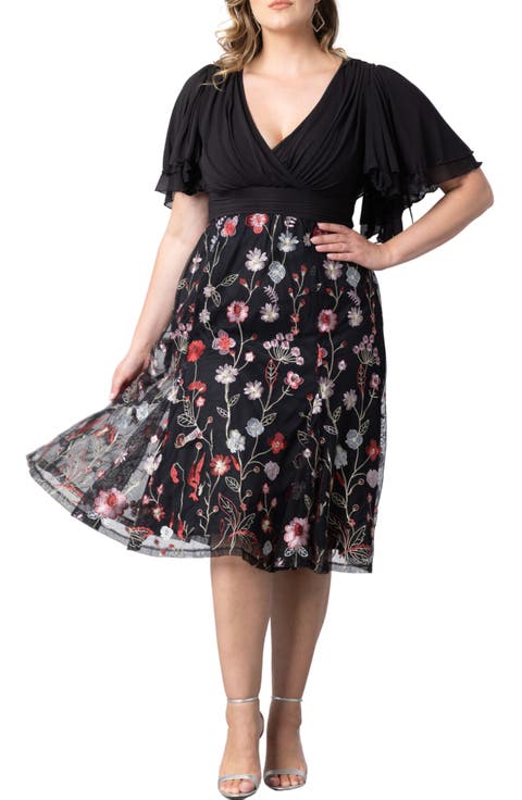 Lillian Embroidered Flutter Sleeve Cocktail Dress (Plus)
