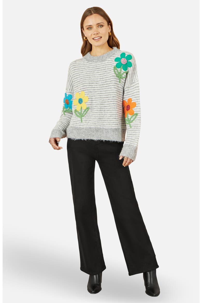 Striped Floral Applique Sweater, Alternate, color, Grey