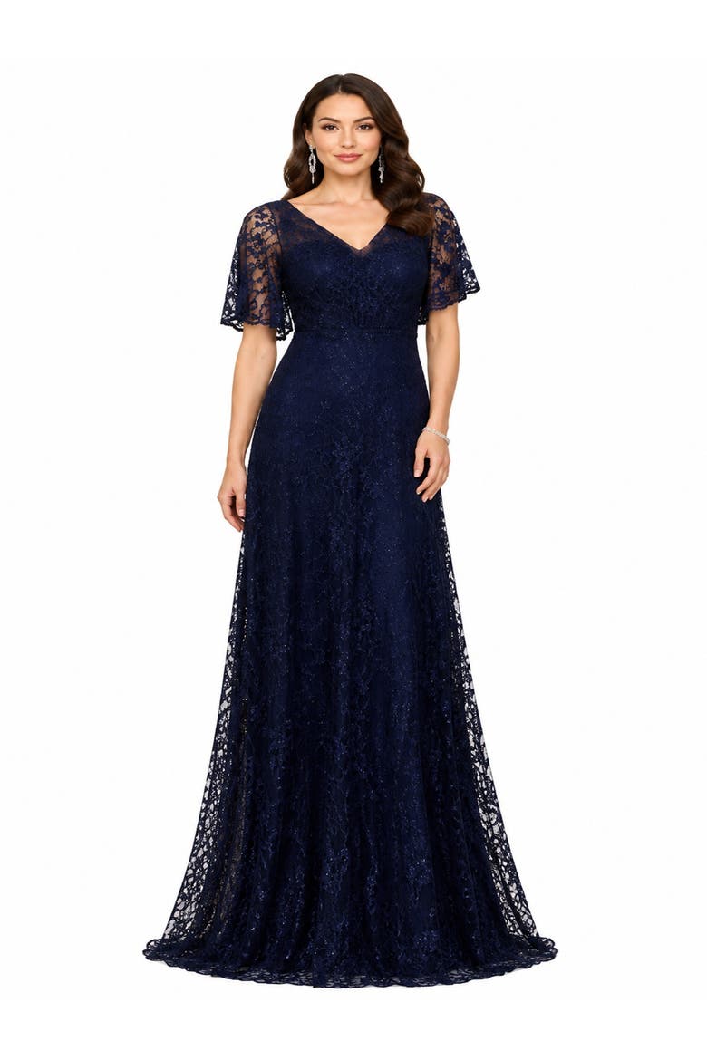 Elegant Cape Sleeve A-line Gown, Main, color, Navy