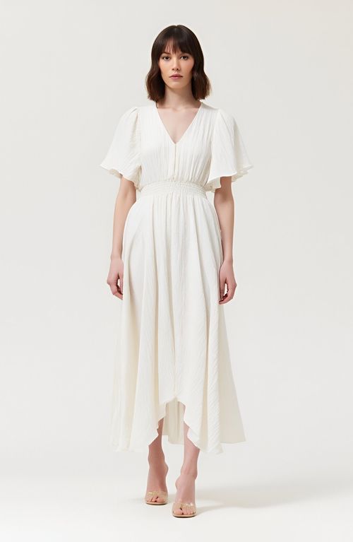 Modenaire V-neck Midi Dress With Flutter Sleeves And Handkerchief Hem In White