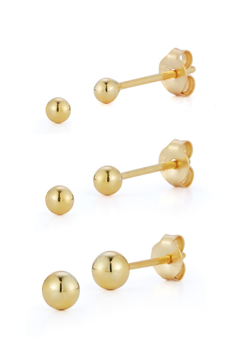 GLAZE JEWELRY Set of 3 Ball Stud 14K Gold Plated Silver Earrings, Main, color, 