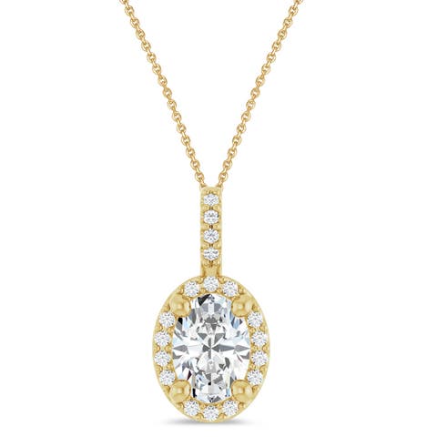 Oval Lab  Moissanite & Diamond Halo Pendant Necklace 14K