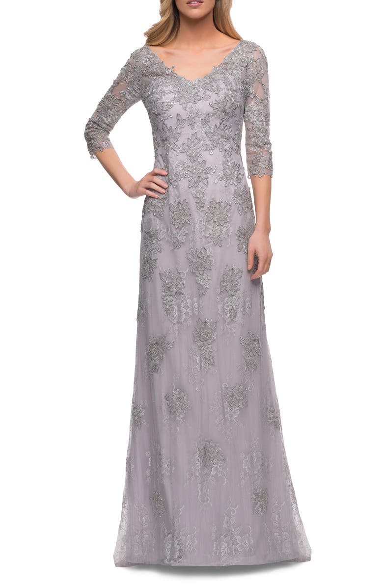 La Femme Embroidered Lace Column Gown, Main, color,