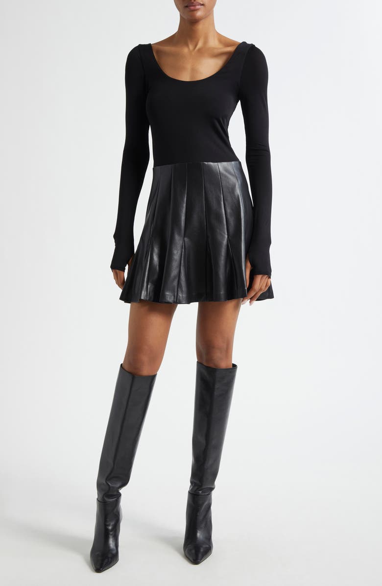 Alice + Olivia Chara Long Sleeve Mixed Media Minidress, Main, color, Black