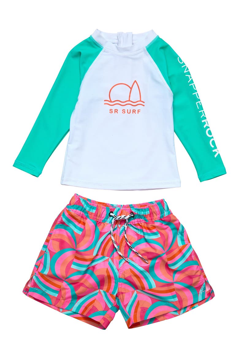 Geo Melon Long Sleeve Two-Piece Rashguard Swimsuit, Main, color, RED