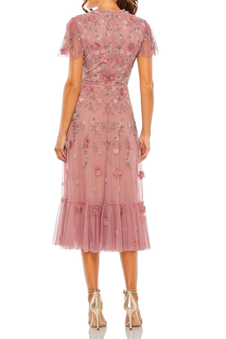 Petite Embellished High Neck A-Line Dress with Flutter Sleeves, Alternate, color, Berry