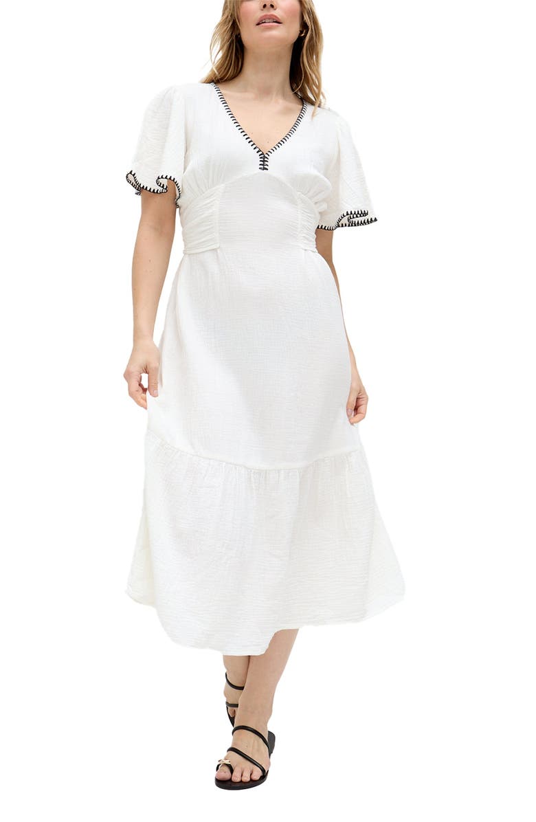 Raffya Delilah V-Neck Front Tie Midi Dress, Main, color, Ecru